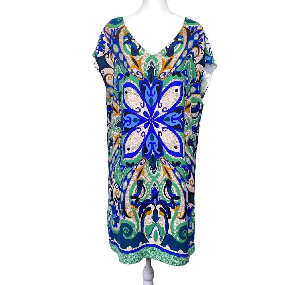 MAEVE Anthropologie Folksong Bird Shift Dress Blue & Green Size L Geometric Boho